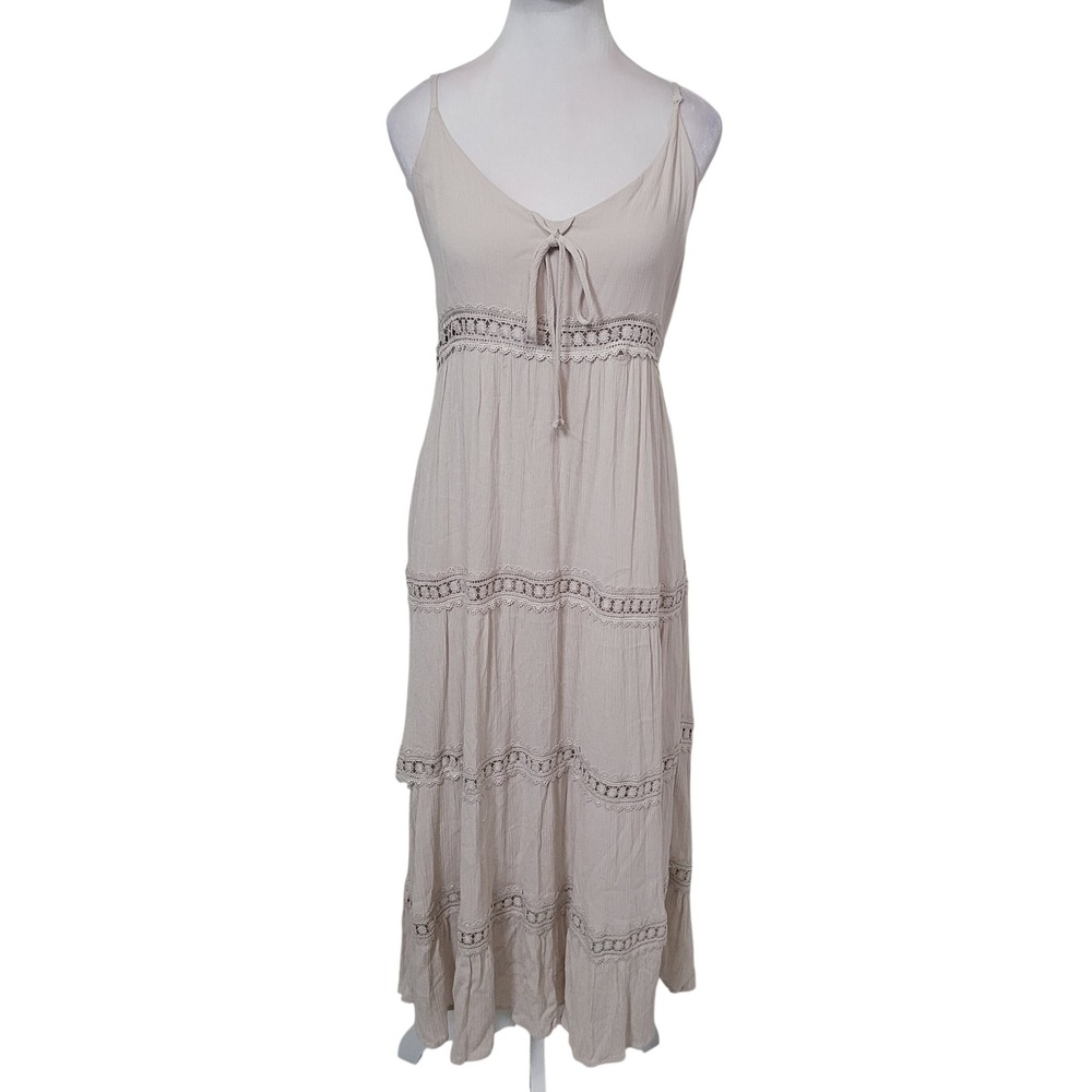 New Look Large Maxi Dress Womens Beige Boho Crochet Lace Tiered Smocked Back